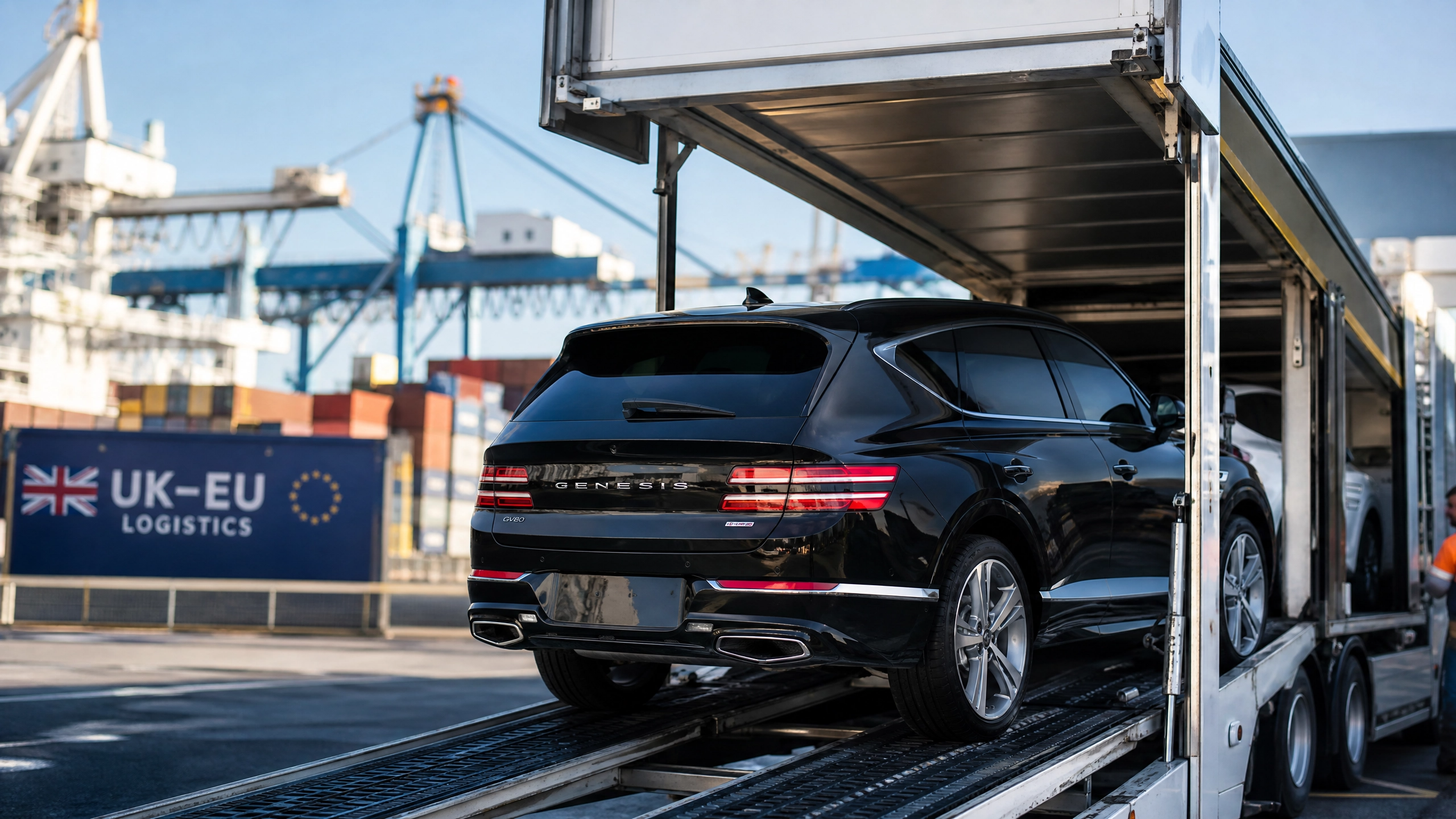 Rear three-quarter view of a black Genesis GV80 on a car transport trailer at a shipping yard with containers in the background.