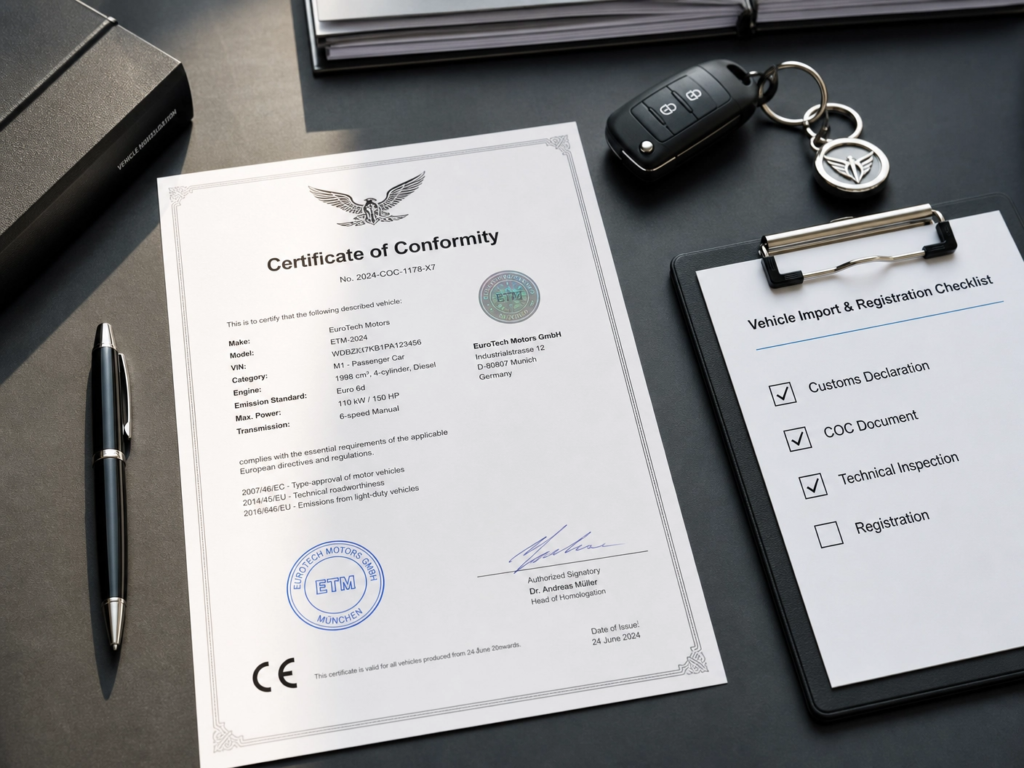 Certificate of Conformity on a desk with a pen, car keys, and a clipboard showing a Vehicle Import & Registration Checklist.
