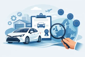 White car beside a clipboard with a car policy, a magnifying glass over a globe, and EU badges, symbolizing auto insurance and global inspection.