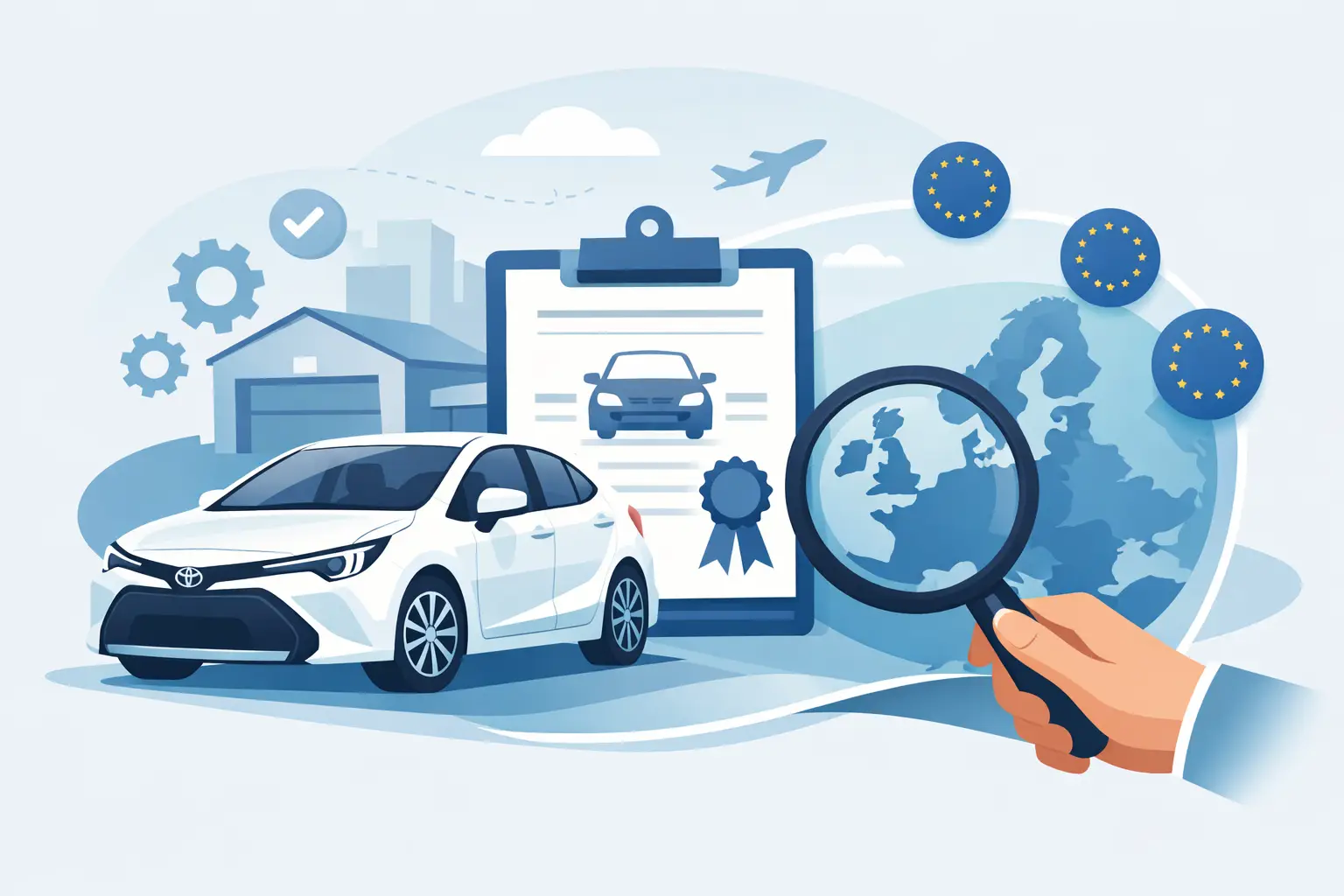 White car beside a clipboard with a car policy, a magnifying glass over a globe, and EU badges, symbolizing auto insurance and global inspection.